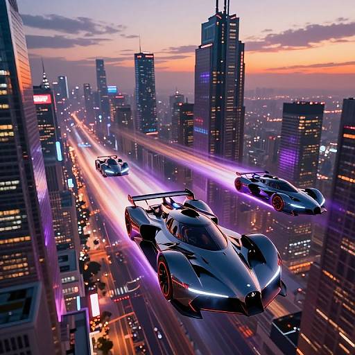 Photorealistic digital artwork of futuristic, flying sports cars with neon lights racing through a vibrant, sunset-lit city skyline.