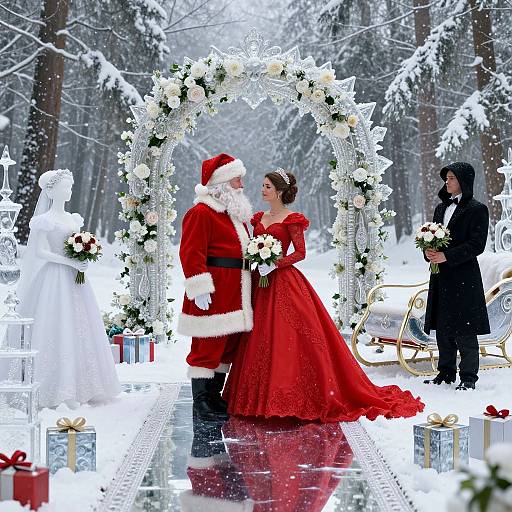 Photorealistic winter wedding scene: Santa and bride in red, white arch, snow-covered forest, white statue, black groom with bouquet.