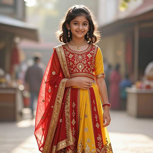 Photograph of a smiling young Indian girl with medium skin tone and black hair, wearing a vibrant red and yellow traditional saree with intricate gold embroidery,