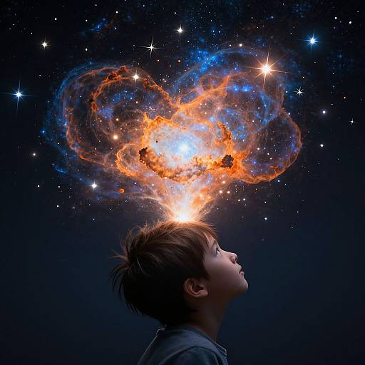 Photograph of a young boy with brown hair gazing upwards, a vibrant, glowing nebula with orange and blue swirls above his head against a