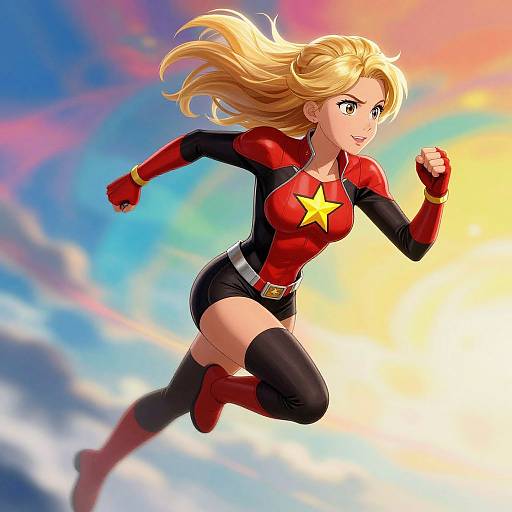 Digital anime-style drawing of a blonde, blue-eyed female superhero with a red and black outfit, yellow star, and black thigh-highs, running against