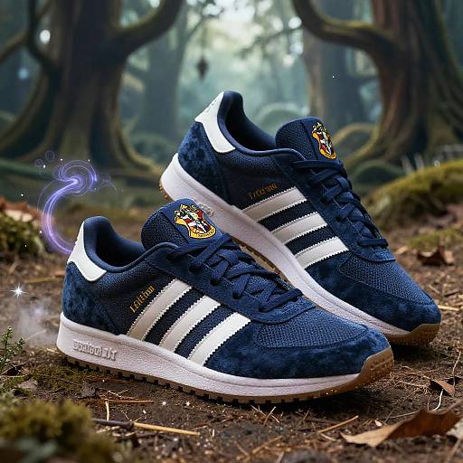 Photograph of navy blue Adidas sneakers with white stripes, forest-themed background, forest floor, moss, trees, glowing smoke near right shoe.