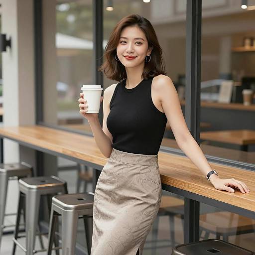 Asian Woman Holding Takeaway Coffee in Cafe