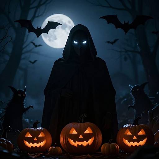 Silhouetted hooded figure with glowing eyes, surrounded by jack-o'-lanterns, bats, and cats, under a full moon in