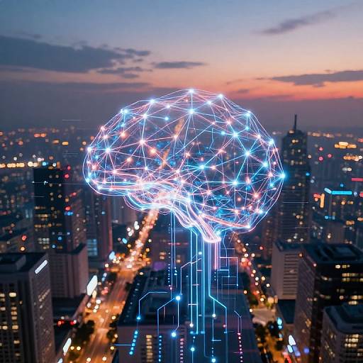 Photograph of a glowing, wireframe brain sculpture against a city skyline at dusk, with illuminated streets and buildings in the background.