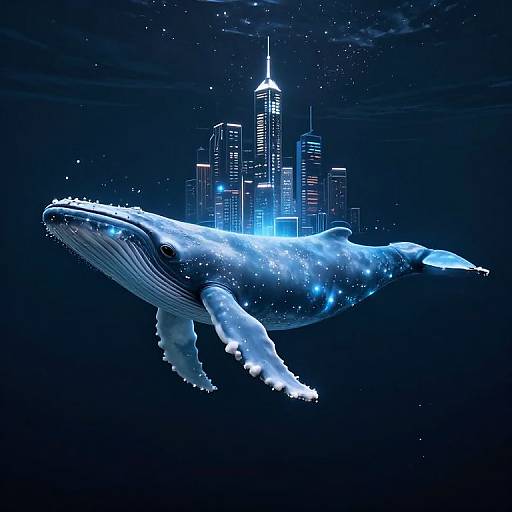 Digital artwork of a glowing blue whale swimming in dark ocean, with a futuristic city skyline illuminated in the background.