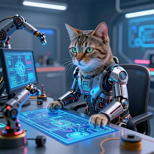 Photorealistic CGI of a robotic tabby cat with green eyes, operating a futuristic blue-lit control desk in a high-tech lab.