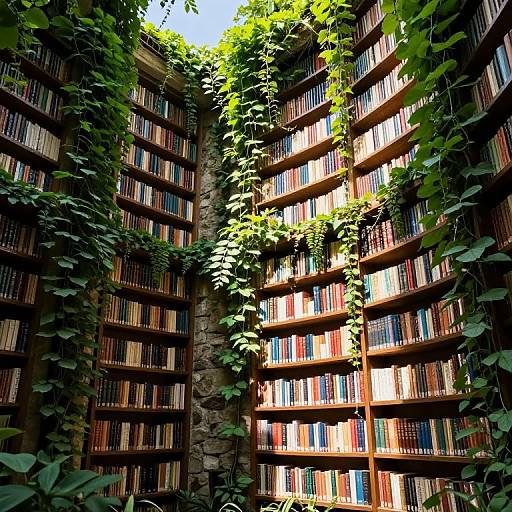 Sunlit Ancient Library with Lush Greenery