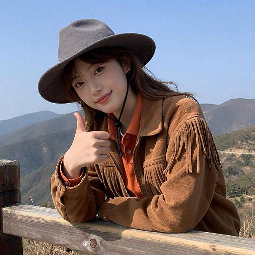 Young Woman Thumbs-Up by Mountains