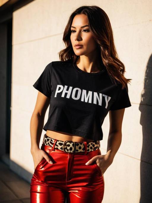 Stylish Woman in Black Crop Top and Red Pants