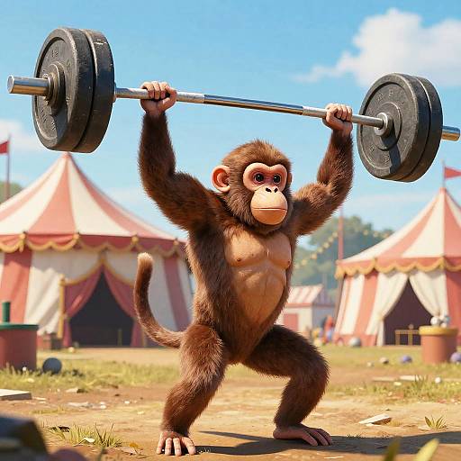 Cartoon Muscular Monkey Lifting Overhead Barbell