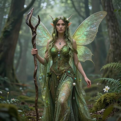 Photorealistic fantasy image of a green-haired, fairy-like woman with translucent wings, wearing a glowing, leafy dress, holding a staff in a