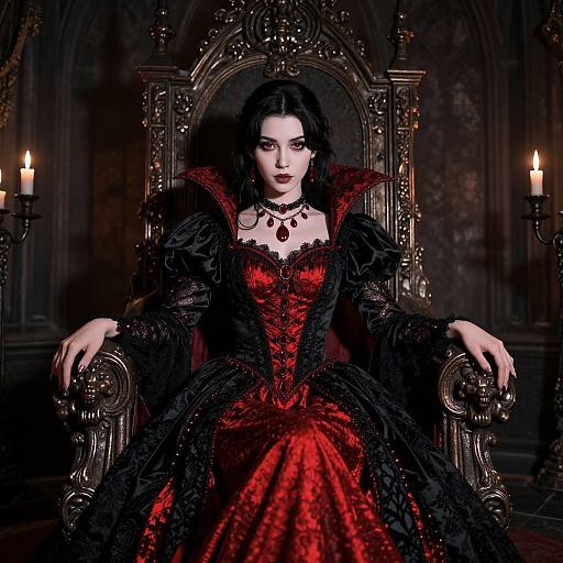 Gothic queen in a red and black corset gown, sitting on an ornate throne, dark hair, pale skin, candles in background.