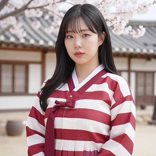 Photograph of an Asian woman with long black hair, wearing a red and white striped kimono, standing in front of a traditional Japanese building with cherry