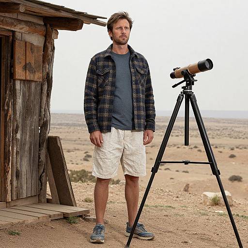 Photograph of a bearded man in a plaid shirt, white shorts, and blue sneakers, standing beside a telescope in a desert landscape with a