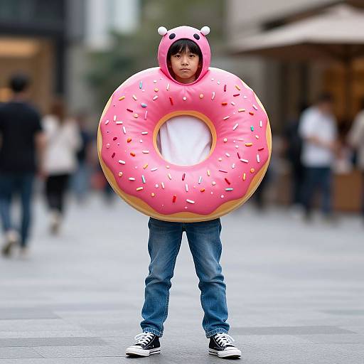 Photograph of a young Asian boy wearing a pink donut costume with sprinkles, bear ears, jeans, and black sneakers, standing in a blurred