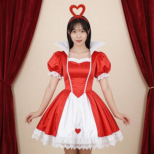 Asian woman in red and white Alice in Wonderland-style dress with heart headpiece, puffed sleeves, lace trim, and red curtains. Photographic image