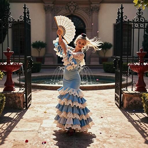 Photograph of a blonde woman in a blue, lace-trimmed, Victorian-style dress, holding a fan, standing in a sunlit courtyard with