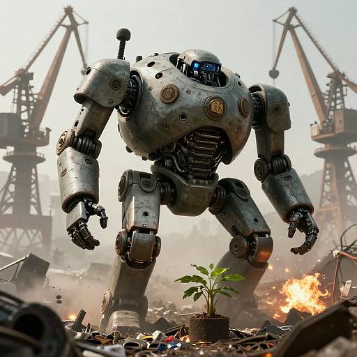 Apocalyptic Robot Tank Protecting Plant