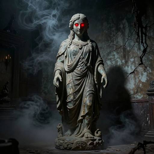 Photograph of a creepy, glowing red-eyed stone statue of a robed figure standing in a dark, smoky, cracked wall background.