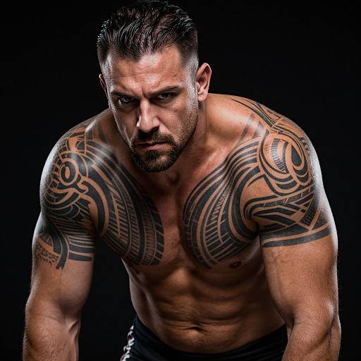 Photograph of a muscular, tattooed, bearded man with short dark hair, intense expression, and black tribal tattoos on his shoulders and chest,