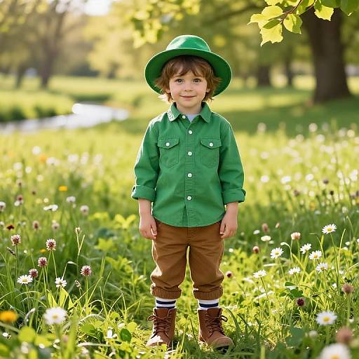 Photograph of a smiling young boy in a green shirt, brown pants, green hat, and brown boots, standing in a sunlit meadow with