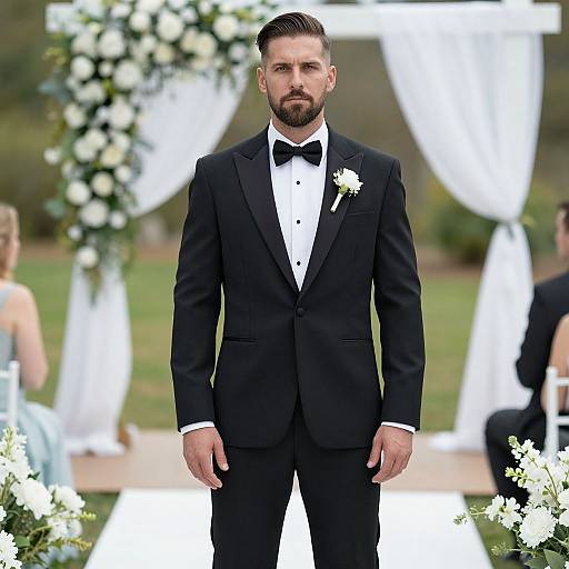Photograph of a handsome bearded man in a black tuxedo with a white rose boutonnière, standing in front of a white floral