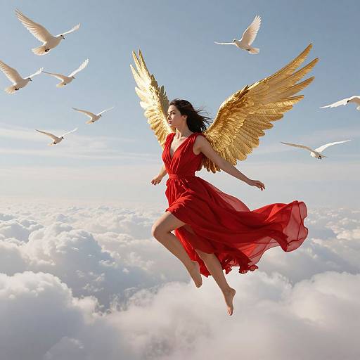 Photograph-style digital art of a woman with golden wings, red dress, and bare feet, floating above clouds, surrounded by white birds.