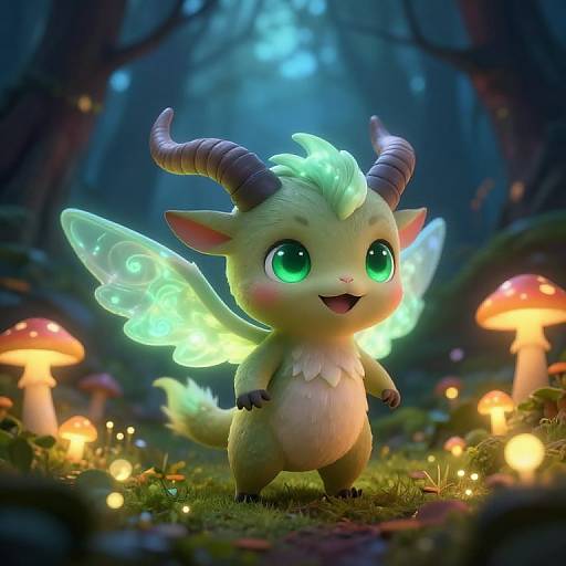 Cute CGI fantasy creature with green fur, glowing green eyes, translucent wings, and curved brown horns, standing in a mystical forest with glowing mushrooms and