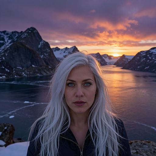 Photograph of a fair-skinned woman with long, white hair, blue eyes, and dark clothing, standing in front of a vibrant sunset over a