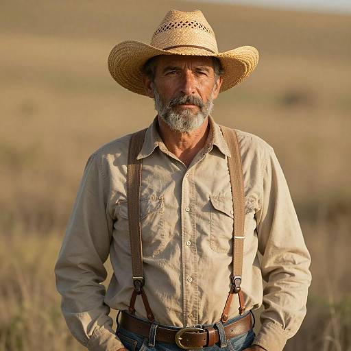 Photograph of an older white man with a gray beard, wearing a straw hat, beige shirt, brown suspenders, and blue jeans, standing in