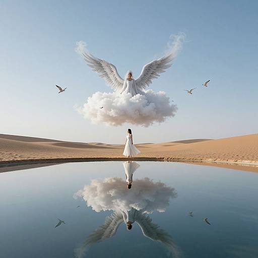 Digital artwork: Angel with white wings and cloud, dressed in white, stands on desert dune, mirrored in calm water, surrounded by flying birds against