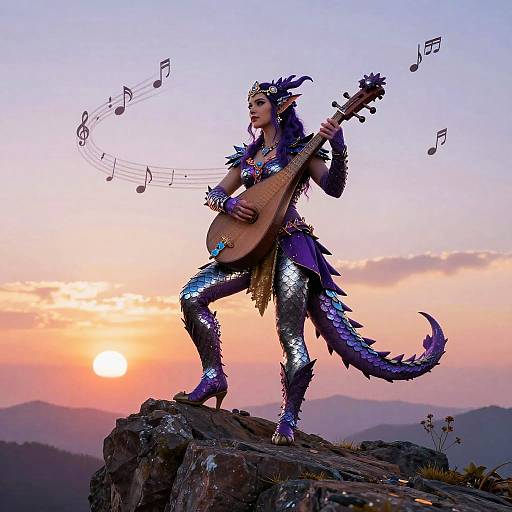 Photograph of a dragon-like musician in shimmering blue scales, playing an acoustic guitar on a rocky peak at sunset, with floating musical notes.