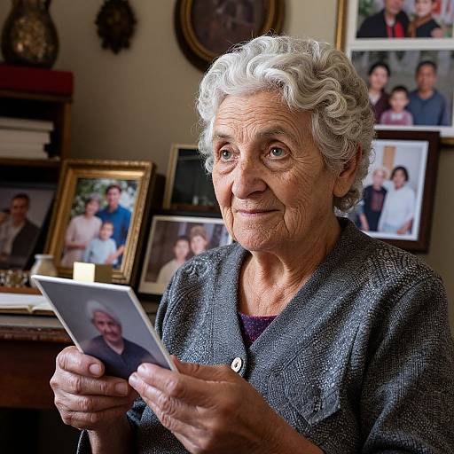 Photograph of an elderly woman with curly white hair, wearing a dark cardigan, holding a photo of a smiling man, surrounded by family photos on