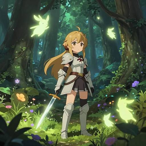Anime-style digital artwork of a blonde, armored girl with a glowing sword in a mystical forest, surrounded by glowing butterflies.
