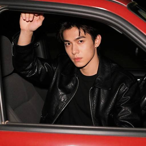 Young Man in a Red Car at Night