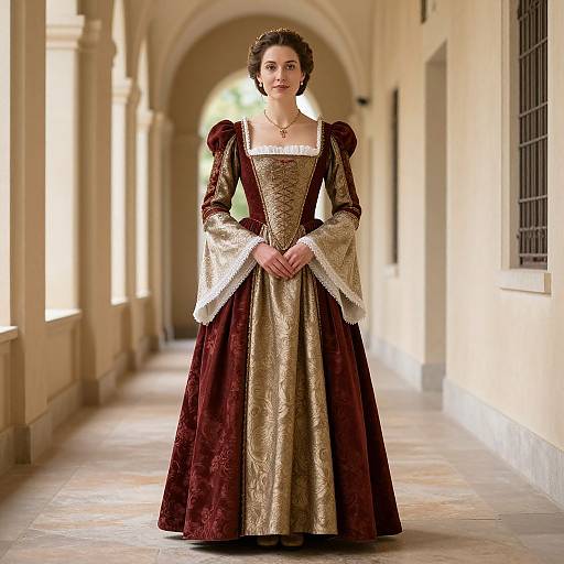 Photograph of a young woman in a Renaissance-style maroon and gold gown with puffed sleeves, standing in a sunlit, arched corridor.