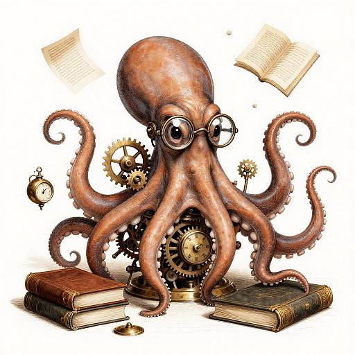 Retro-Futurist Mechanical Octopus Librarian