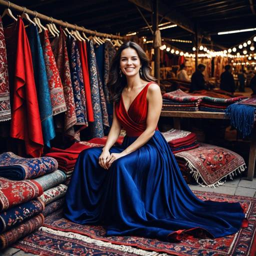 Woman in Red and Blue Gown at Rug Market