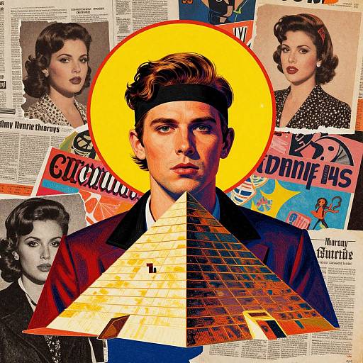 Vintage collage photograph featuring a 1960s-style man with dark hair, red jacket, and yellow halo, surrounded by retro magazine covers.