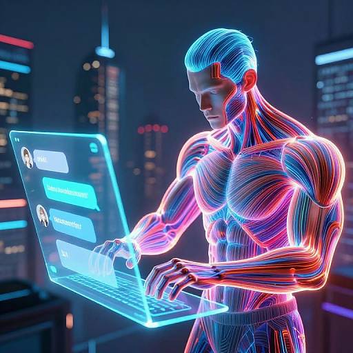 Glowing Muscular Figure Typing Cyberpunk
