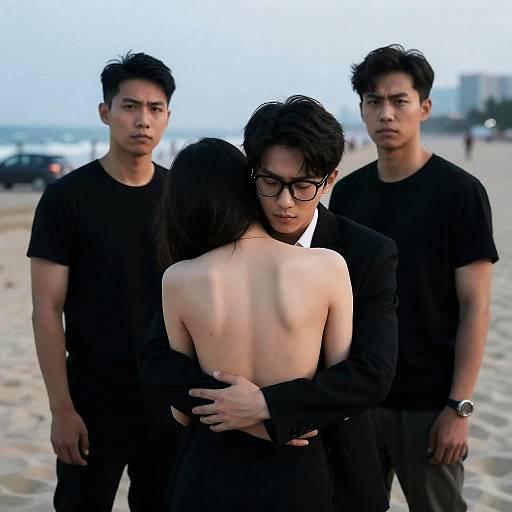 Evening Beach Embrace with Intense Men