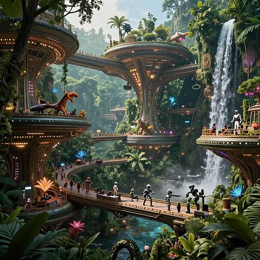 Fantastical CGI scene of futuristic, floating city structures amidst lush jungle with cascading waterfall, illuminated by vibrant lights, populated by anthropomorphic creatures and