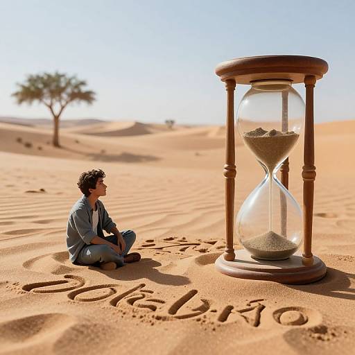 Photograph of a man with curly hair, sitting in sandy desert, gazing at a wooden hourglass, with 
