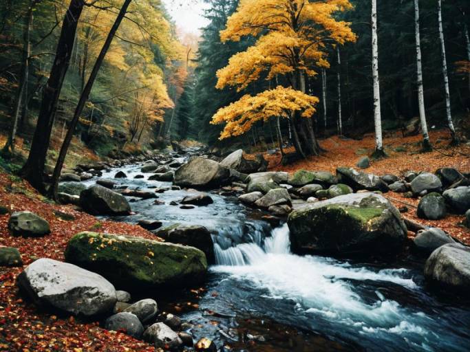 Autumn Forest Stream Wallpaper Art