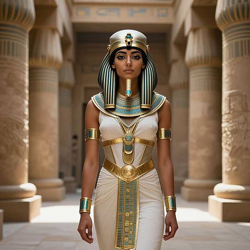 Photorealistic CGI of an Egyptian queen with dark skin, black and gold striped headdress, white dress, gold and turquoise jewelry, standing in an