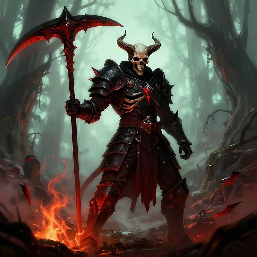 Digital artwork of a skeletal demon warrior with horns, black armor, and a red scythe, standing in a fiery, misty forest.