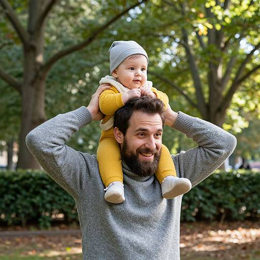 Photograph of a bearded man with dark hair, wearing a grey sweater, carrying a baby in yellow pants and a white hat, in a sunny