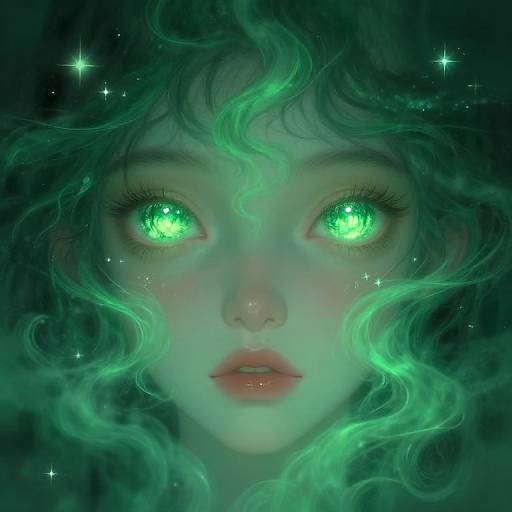 Digital art of a glowing green-eyed, ethereal girl with curly, luminescent hair and soft, blushed cheeks, set against a dark,