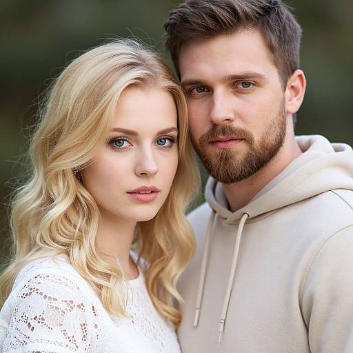 Photograph of a fair-skinned, blonde woman with blue eyes in a white lace top, and a bearded, dark-haired man in a beige